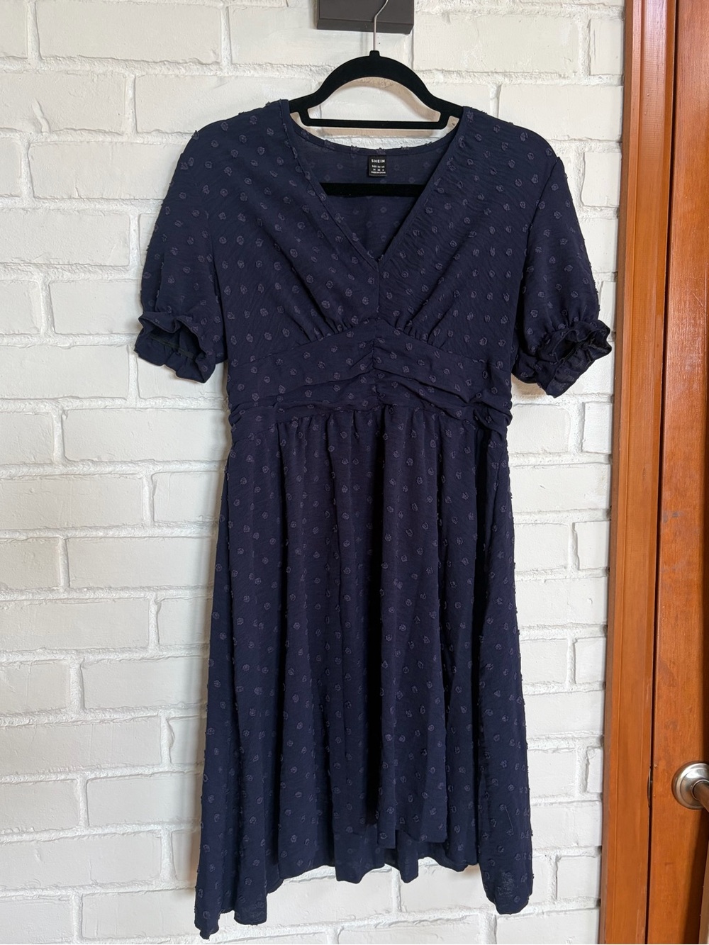 Navy V-Neck Swiss Dot Short Sleeve Dress